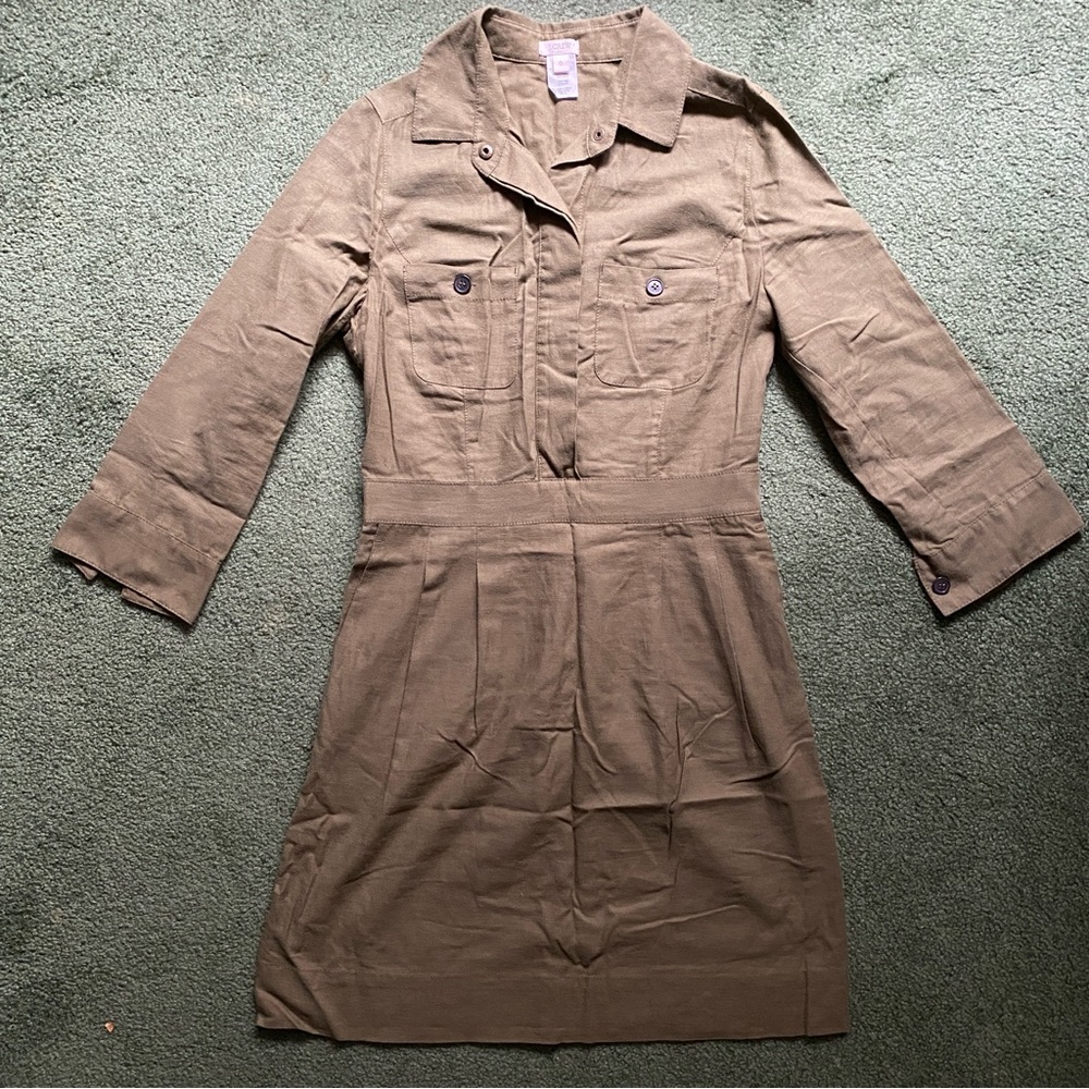 J. Crew Olive Green Button Up Cotton Wool 3/4 Sleeve Short Dress - Size 0